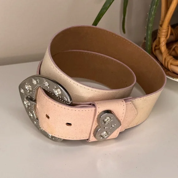 Y2K Crystal Heart Western Belt Pink Ombre Rhinestone Buckle Wide Festival Med - Picture 1 of 7